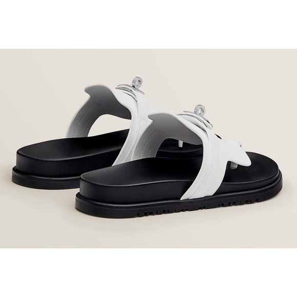 Hermes Empire Sandals White Black Leather Kelly Lock Logo Slide Mule Flat 37 - Picture 8 of 12